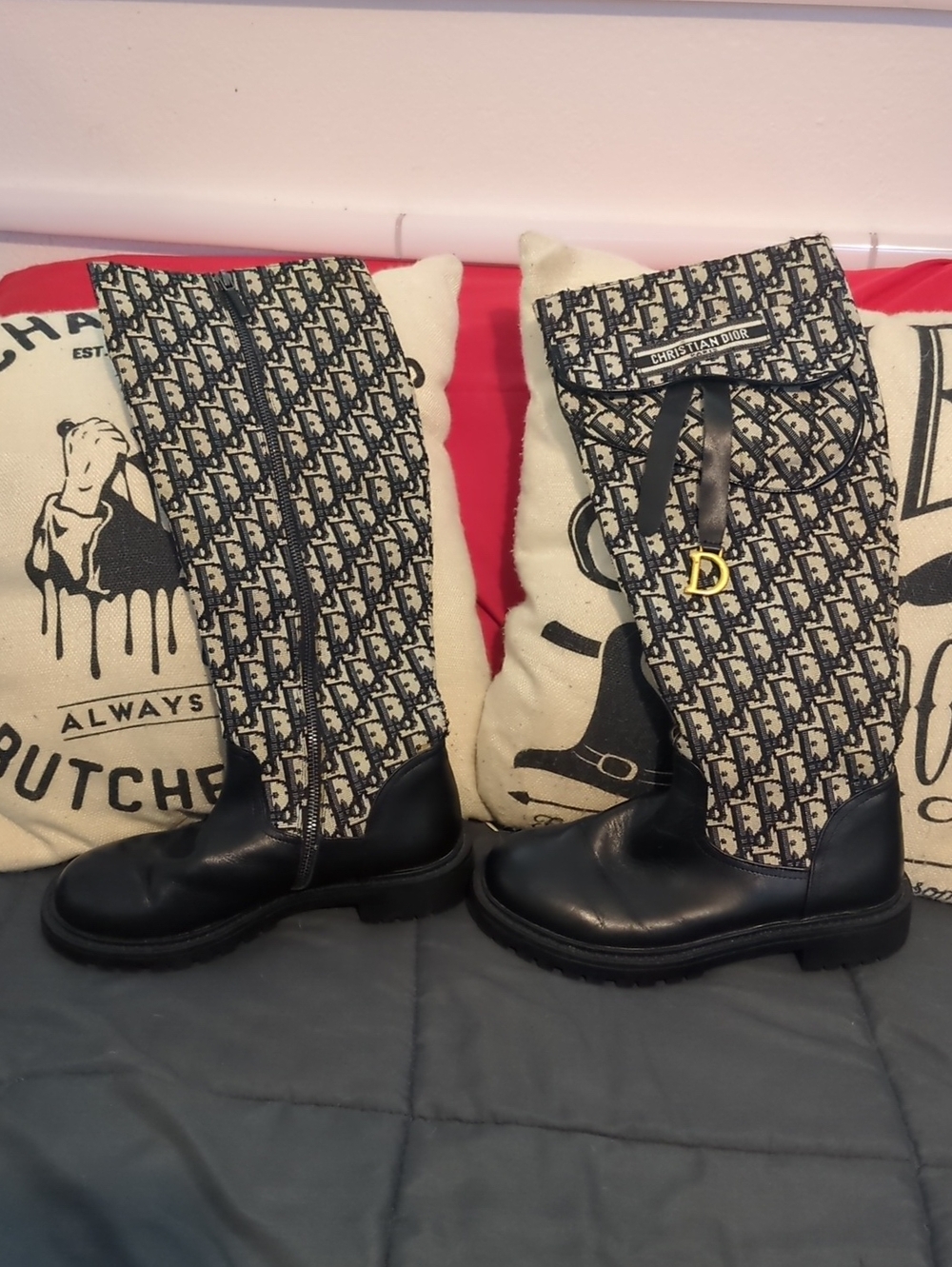 Christian Dior Oblique Canvas And Leather High Boots Size 39 Made In Italy 8.5